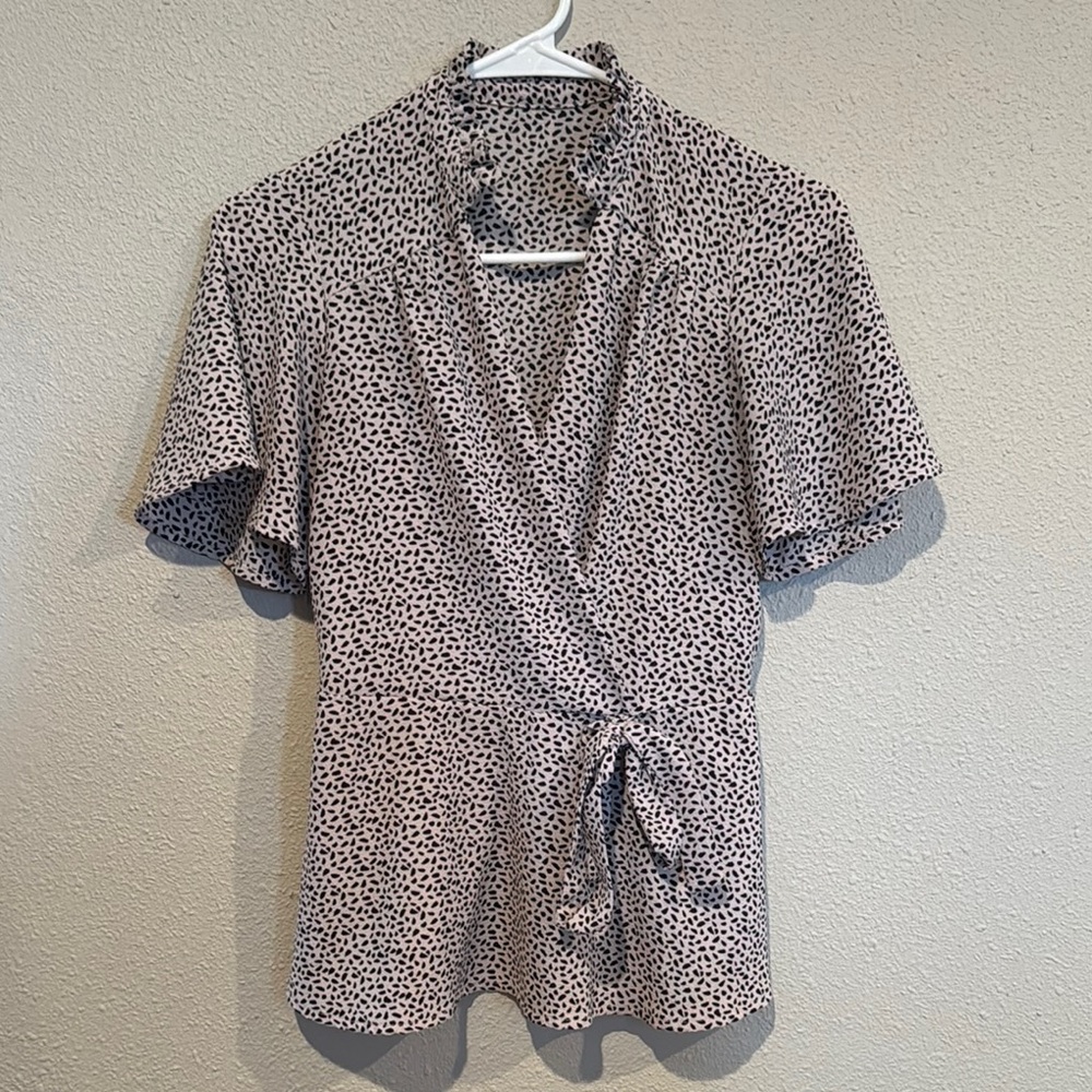 Black and White Wrap Blouse with Flowy Sleeves